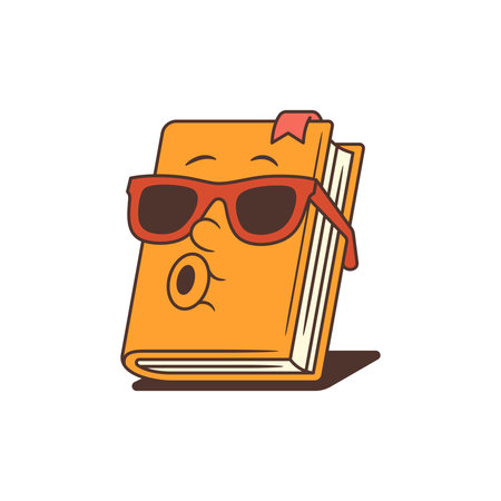 Trendy book mascot with rounded edges, bold sunglasses, and cheerful expression. Ideal for educational designs, summer school themes, or kids content with a fun twist. Vector illustration.のイラスト素材