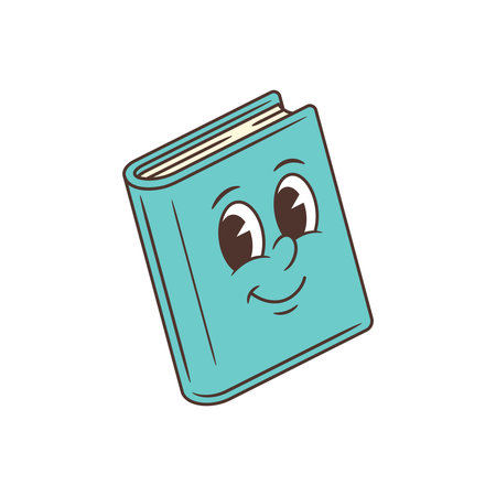 Light blue cartoon book mascot with wide expressive eyes, joyful smile, and red bookmark. Perfect for education, children learning, and playful designs. Vector illustrationのイラスト素材