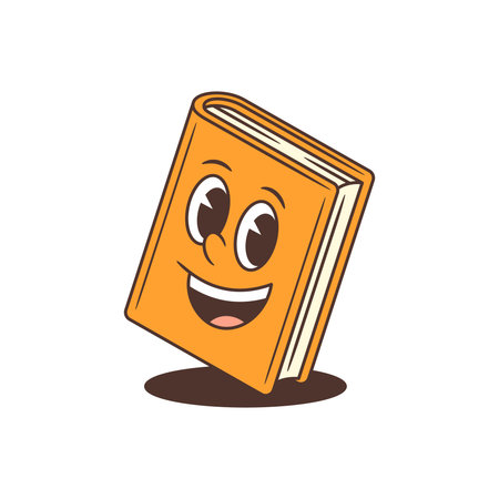 Bright orange cartoon book mascot with large expressive eyes and wide open mouth showing playful tongue. Perfect for educational, children learning, and school-related projects. Vector illustrationのイラスト素材