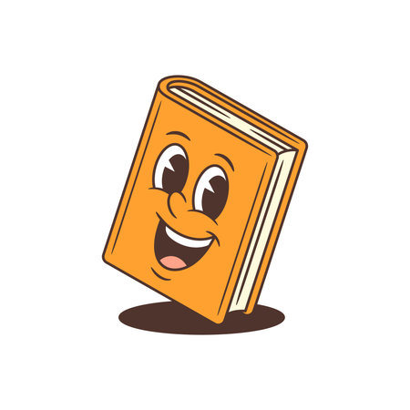 Bright orange animated book mascot with large expressive eyes, wide open joyful smile, and visible cream-colored pages. Ideal for educational and children learning materials. Vector illustrationのイラスト素材