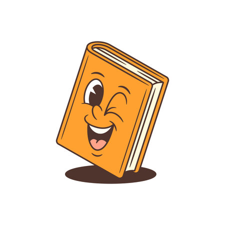 Bright orange cartoon book mascot with one eye winking and a wide open-mouthed smile showing enthusiasm. Slightly tilted dynamic pose with visible cream-colored pages and subtle shadow for depthのイラスト素材