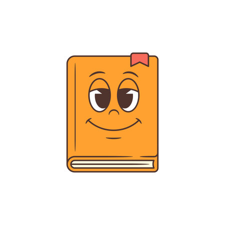 Bright orange cartoon book mascot with tilted expressive eyes and a small curved smile showing playful confidence. Ideal for educational content, children learning, and fun engagementのイラスト素材