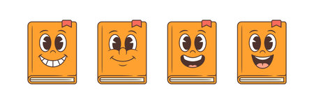 Set of four orange cartoon book mascots with expressive faces showing happy, calm, playful, and excited emotions. Ideal for educational, children's content, and digital projects. Vector illustrationのイラスト素材