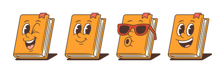 Orange book mascots with expressive faces showing playful, calm, cool, and joyful moods. Bold outlines and cartoon style create engaging characters ideal for educational and children media projectsのイラスト素材