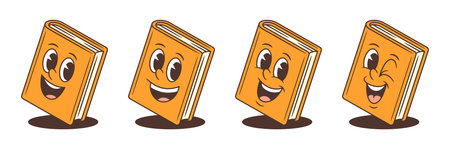 Set of four orange book mascots with lively expressions including excitement, joy, laughter, and fun. Each character strikes a dynamic pose with bold outlines and shadows, Vector illustrationのイラスト素材