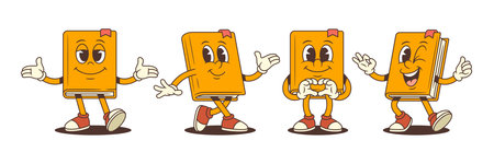Friendly orange book character set in cartoon style with joyful walking, heart hand sign, waving and winking gestures expressing happiness and enthusiasm. Colorful and playful vector illustrationのイラスト素材