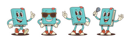 Blue cartoon book mascot shows positive gestures with confident expression, sunglasses, microphone, victory sign and speaking pose. Character for education and entertainment themes Vector illustrationのイラスト素材