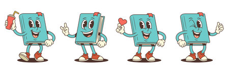 Cheerful blue book mascot in cartoon style doing playful actions like holding lemonade, showing heart, rock gesture and thumbs up. Great for educational and promotional design. Vector illustrationのイラスト素材