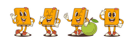 Cheerful book mascot character in various poses including waving hand, laughing with closed eyes, winking near green apple, and pointing at head. Suitable for educational designs. Vector illustrationのイラスト素材