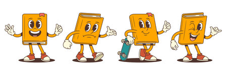 Funny orange book mascot character in expressive cartoon style showing different moods like waving hands, feeling sad, leaning on a skateboard, and making hang loose gesture. Vector illustrationのイラスト素材