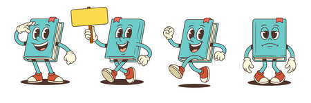 Funny blue cartoon book mascot character in dynamic poses including saluting, running, feeling sad with lowered arms, and holding blank yellow sign. Vector illustrationのイラスト素材