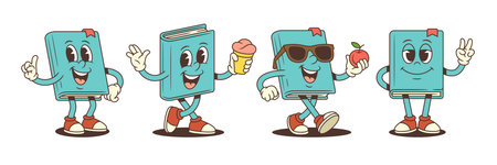 Cheerful blue cartoon book mascot character in different fun poses including holding ice cream, red apple, pointing finger up and smiling with victory hand sign. Vector illustrationのイラスト素材