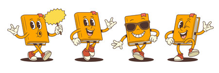 Funny orange cartoon book mascot character in four emotional poses including whistling, holding signboard, walking confidently, showing ILY hand gesture. Vector illustrationのイラスト素材