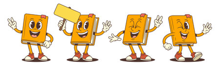 Cheerful orange cartoon book mascot character in four poses including waving with signboard, showing victory gesture, laughing, and winking. Vector illustrationのイラスト素材