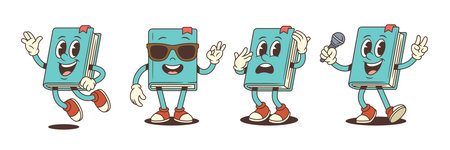 Funny blue cartoon book mascot character performing various actions such as jumping, waving, showing OK sign, holding microphone, and feeling scared. Vector illustrationのイラスト素材