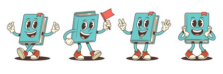 Cheerful blue cartoon book mascot character performing fun actions including thumb up, waving red flag, victory hand gesture, and surprise expression. Vector illustrationのイラスト素材