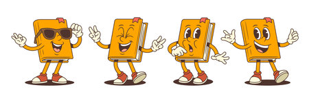 Funny orange cartoon book character set showing different emotions and gestures including laughing, scared face, sunglasses fix and ILY hand sign. Vector illustrationのイラスト素材