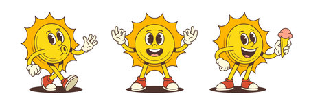 Cartoon sun mascot enjoying summer moments with expressive poses like walking, holding ice cream, and flashing peace signs. Ideal for seasonal products, children content, and fun brandingのイラスト素材