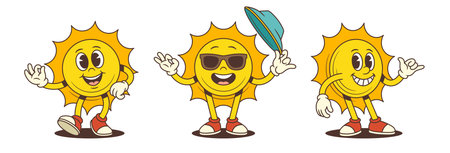 Smiling sun mascot in poses including waving, holding a beach umbrella, and giving a thumbs-up. Ideal for summer campaigns, kids content, vacation ads, and fun brand visualsのイラスト素材