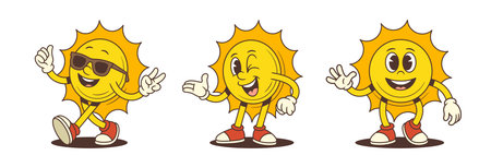 Bright sun mascot in fun poses including peace sign with sunglasses, friendly waving and playful winking. Perfect for summer promotions, kids designs, lifestyle branding and positive character artworkのイラスト素材