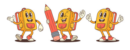 Colorful cartoon school backpack mascot in active poses with pencil, thumbs up, and open gestures. Perfect for kids content, school promotions, and learning themes. Vector illustrationのイラスト素材