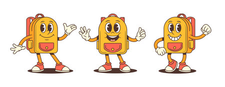 Cartoon school backpack mascots showing confidence, strength, and friendliness through playful smiles and fun poses. Perfect for educational materials, children designs, and back-to-school promotionsのイラスト素材
