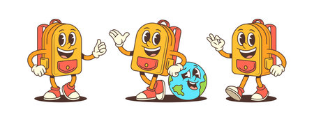 Cartoon backpack mascots with positive expressions, thumbs-up, waving, peace sign, and Earth character. Great for educational projects, eco themes, or kids branding. Fun vector illustrationのイラスト素材