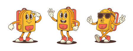 Cartoon backpack mascots with lively expressions, dynamic poses including salute, wave, and peace sign. Perfect for kids, education and youth branding with playful vibes. Energetic vector illustrationのイラスト素材