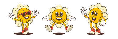 Flower mascots with expressive faces, cool sunglasses, waving hands and jumping poses. Ideal for kids branding, stickers, education or digital content. Vector illustrationのイラスト素材