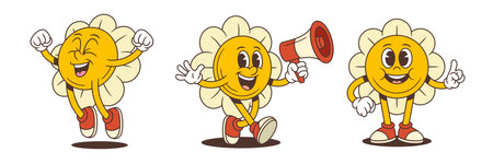 Flower mascots express joy, confidence, and leadership with dynamic poses including jumping, megaphone announcing, and friendly pointing. Perfect for branding, education, and marketing designsのイラスト素材