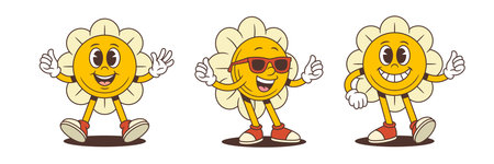 Flower mascots with bright yellow faces and cream petals express positivity and confidence with thumbs-up poses. Ideal for branding, marketing, and fun character design projects. Vector illustrationのイラスト素材