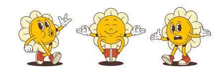 Playful flower mascots display moods of whistling joy, peaceful meditation, and surprised confusion with expressive faces and dynamic poses. Perfect for mood-driven branding and fun storytellingのイラスト素材