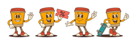 Energetic coffee cup mascots with expressive faces, peace signs, discount tickets, and skateboards bring vibrant personality to brand visuals. Fun, colorful and bold vector illustrationのイラスト素材