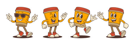 Orange coffee cup mascots with sunglasses, peace signs, thumbs-up, and dynamic poses bring lively, playful energy for branding, marketing, or promotional projects. Vector illustrationのイラスト素材