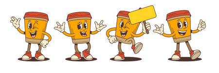 Coffee cup mascots in fun poses including winking, rock signs, fist pumps, and thumbs up. Perfect...