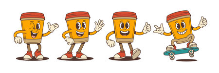 Cartoon coffee mascots with dynamic poses like waving, skating, walking and smiling. Ideal for beverage branding, advertising, stickers or youth campaigns. Colorful and expressive vector illustrationのイラスト素材