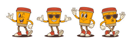 Coffee cup mascots with playful poses including winking, waving, and cool sunglasses. Perfect for lively branding, beverage marketing, and upbeat campaigns. Energetic and friendly vector illustrationのイラスト素材