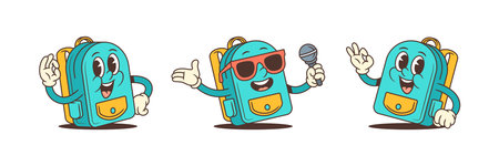 Cartoon school backpacks with big eyes, wide smiles, and lively gestures including waving and performing on stage. Great for educational materials, events, and kids branding. Vector illustrationのイラスト素材