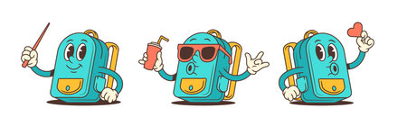 Cartoon-style school backpacks in fun poses holding a heart, a drink, and a pointer stick. Perfect for educational themes, playful branding, and kids content. Vector illustrationのイラスト素材