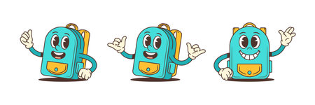 Turquoise school backpack mascot in three expressive poses featuring peace sign, thumbs up, and rock gesture. Perfect for educational themes and school-related materials. Vector illustrationのイラスト素材