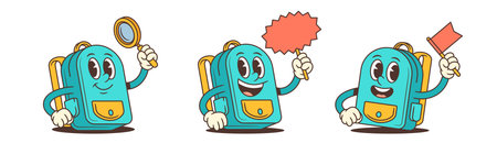 Blue school backpack mascot in three lively poses holding a magnifying glass, speech bubble, and flag. Expresses curiosity, excitement, and confidence for educational and kids branding projectsのイラスト素材