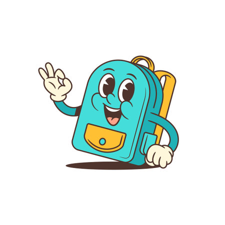 Happy school backpack mascot waving with a big smile. Friendly design emphasizes joy, inclusiveness, and fun, ideal for back-to-school themes, welcoming environments, and student-centered promotionsのイラスト素材