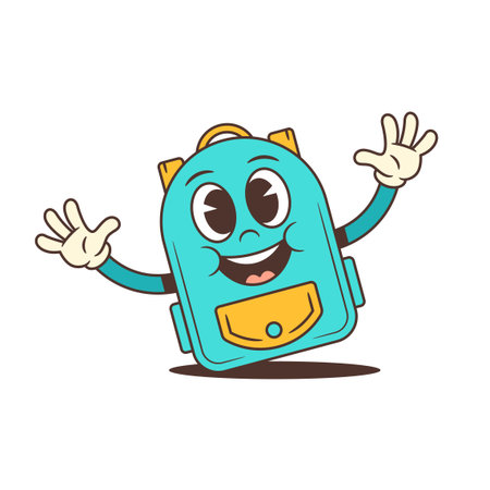 Blue school backpack mascot with raised arms and a cheerful smile radiating joy and friendliness. Energetic design fits educational content, youth branding, or back-to-school visualsのイラスト素材