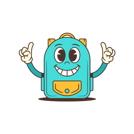 Confident blue backpack mascot smiling widely and raising one finger to share an idea. Enthusiastic pose fits motivational themes, learning platforms, and academic visuals. vector illustrationのイラスト素材