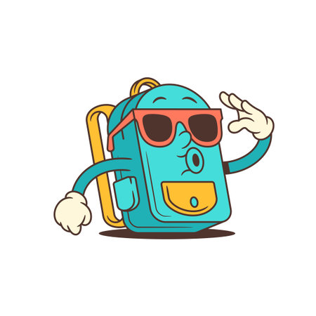 Cool blue backpack mascot wears sunglasses and raises an arm in salute, radiating confidence and fun. Great for social media, summer themes, or playful youth branding. vector illustrationのイラスト素材
