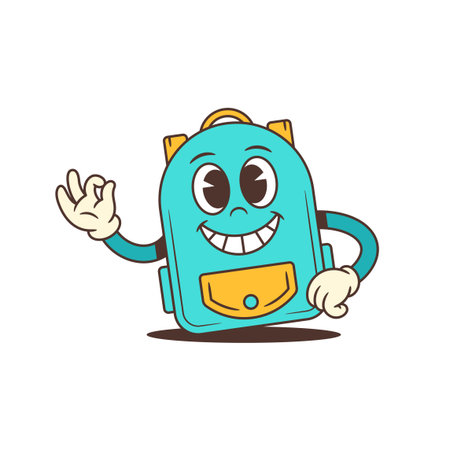 Bright blue school backpack character with a wide open-mouth smile and large eyes waves energetically. Perfect for school campaigns, children's content, and educational branding. vector illustrationのイラスト素材