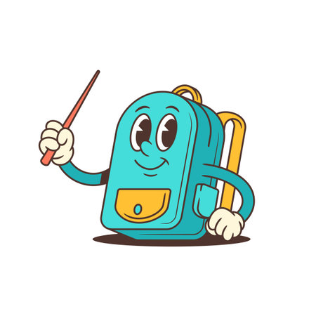 Confident schoolbag mascot holding a pointer stick, radiating enthusiasm and dynamic teaching energy, ideal for learning apps, posters, or educational branding. vector illustrationのイラスト素材