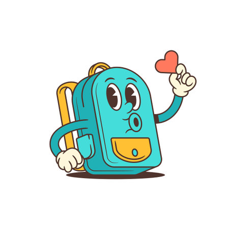 Joyful school backpack mascot with big eyes holding a small heart. Designed in a fun, retro style with colorful accents, ideal for childrens products, back-to-school themes, and educational visualsのイラスト素材