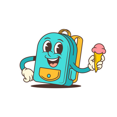 Happy cartoon mascot schoolbag holding an ice cream cone with a relaxed pose, spreading fun, warmth, and cheerful vibes for seasonal youth content. vector illustrationのイラスト素材