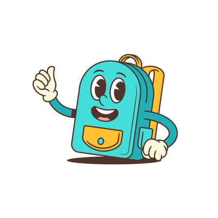 Bright blue school backpack mascot with wide smiling mouth and big expressive eyes giving a thumbs-up gesture. Perfect for back-to-school promotions and educational content. Vector illustrationのイラスト素材